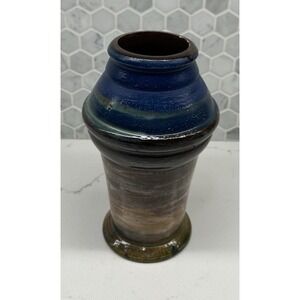 Chalice Shaped Pottery Cup Vase with Brown, Blue Drip Marble Glaze Signed KK '05